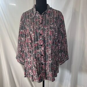 CJ Banks Shirt Womens 1X Button Up Blouse Top Floral 3/4 Sleeve Black/Pink/Gray
